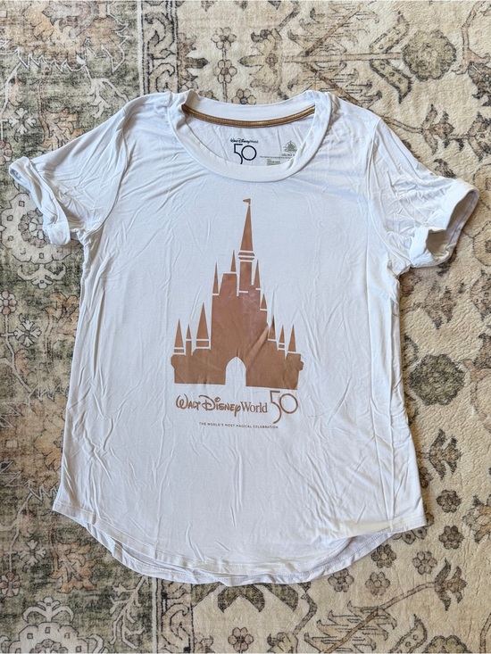 Disney Tops - Walt Disney World 50th Anniversary White Tee with Rose Gold Castle Accent